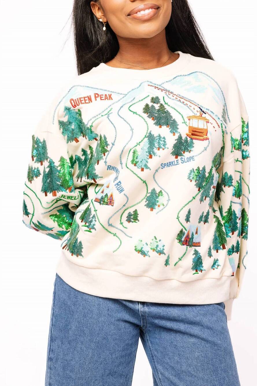 NEW QUEEN OF SPARKLES slope ski scene sweatshirt in beige